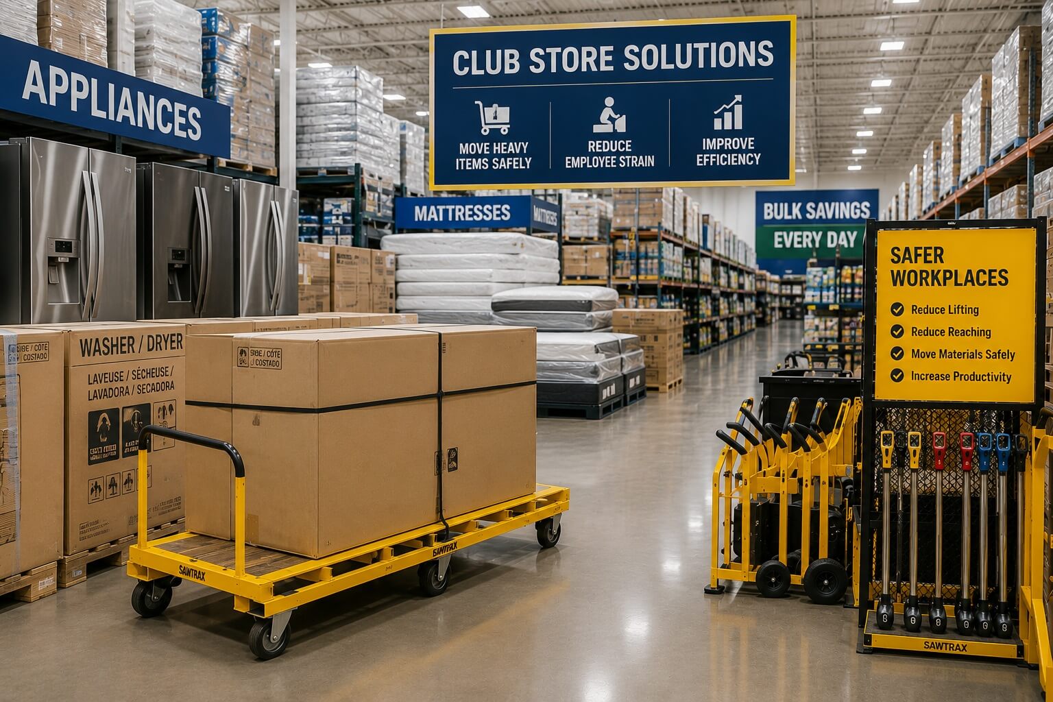 Club Store Safety Solutions Club store workplace safety and merchandise handling solutions by Saw Trax
